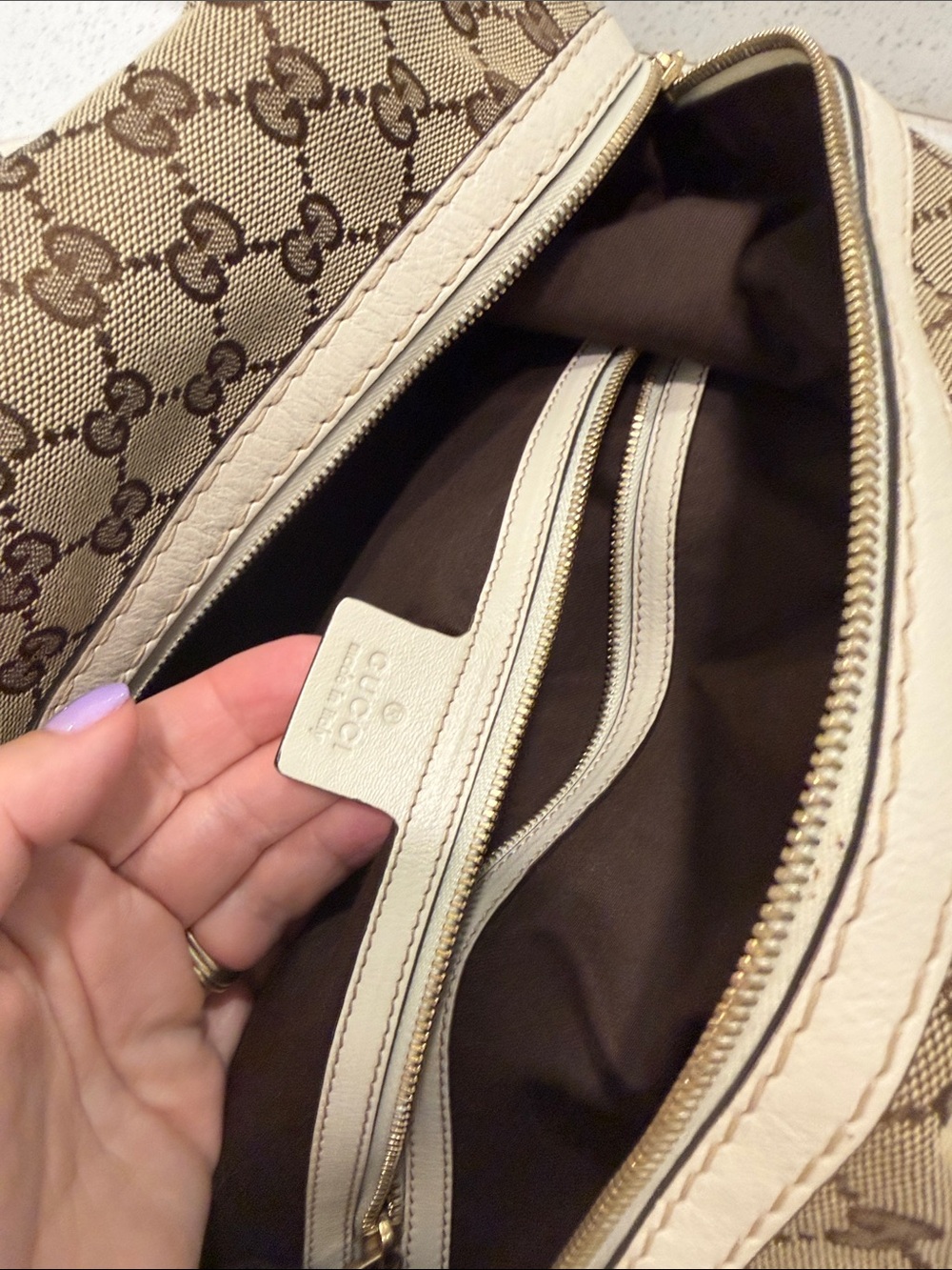 Gucci Beige Monogram Shoulder Bag with Cream Trim and Gold Hardware